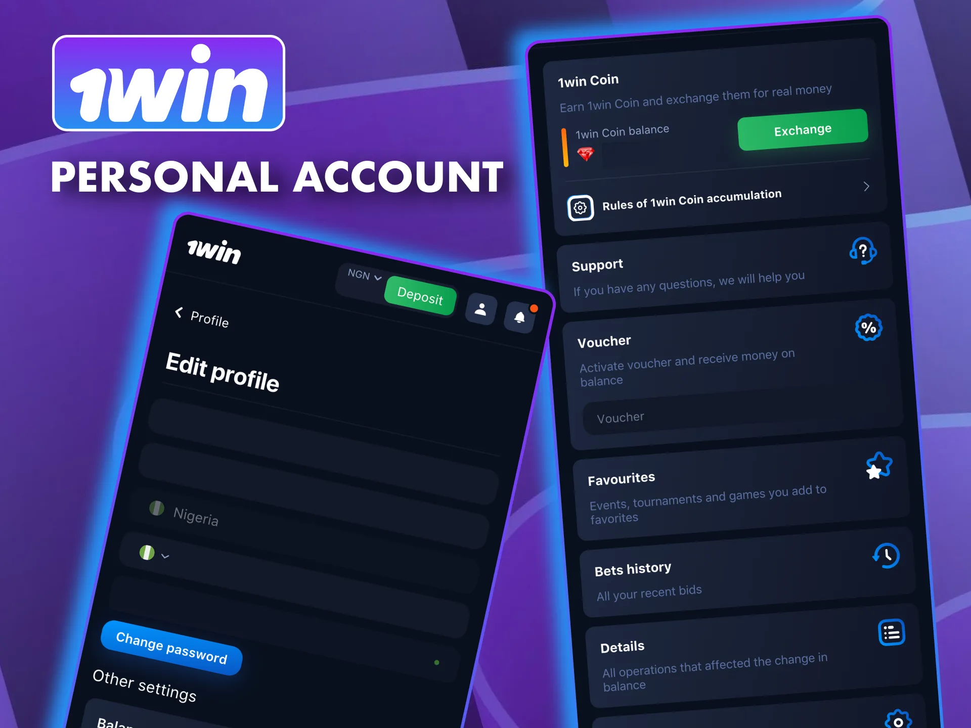 View bet history and update personal 1win settings.