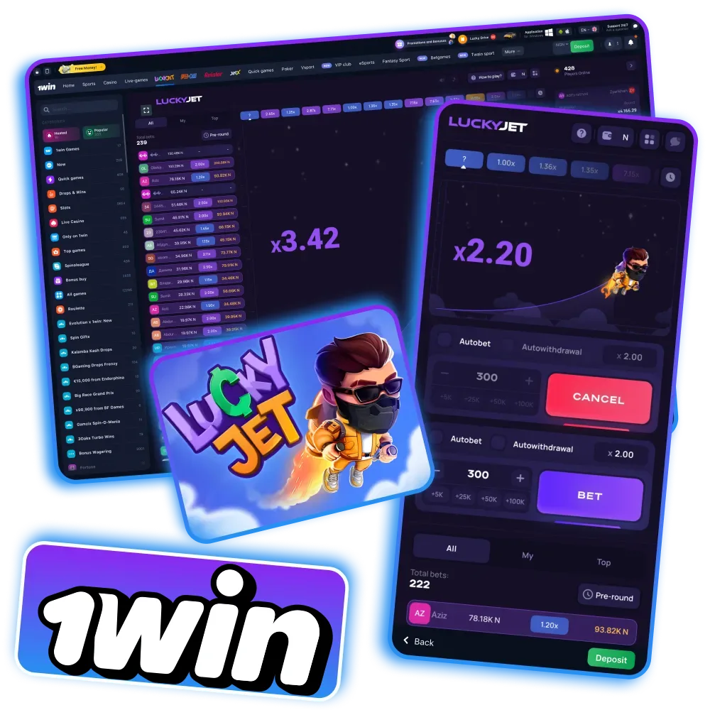 Play 1Win Lucky Jet and cash out before Joe disappears for winnings.
